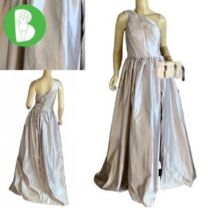 SUZHOU SILVER SATIN SLIT LEG ONE SHOULDER CORSET BACK FORMAL DRESS NWT (1X)